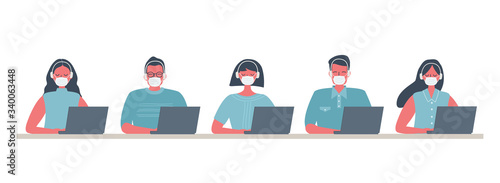 Call center workers during the coronavirus epidemic. Young men and women in medical masks and headphones sitting at the table on a white background. People icons. Flat style. Vector illustration