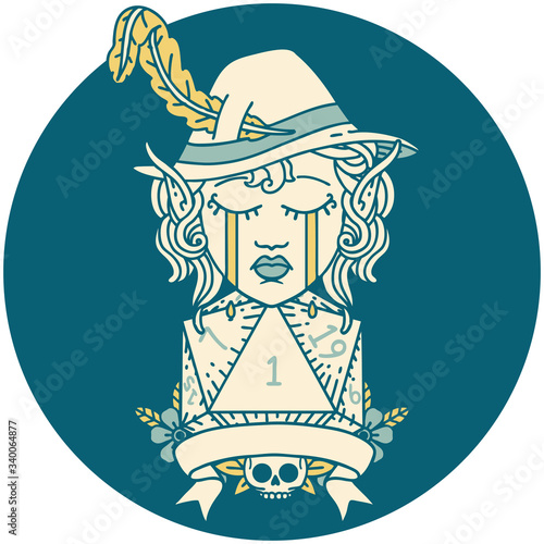 crying elf bard character with natural one D20 roll illustration