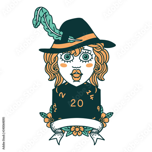 human bard character with natural 20 dice roll icon
