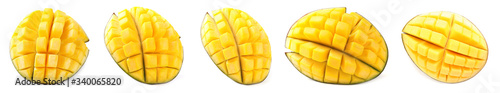 Set of delicious mangoes on white background. Banner design