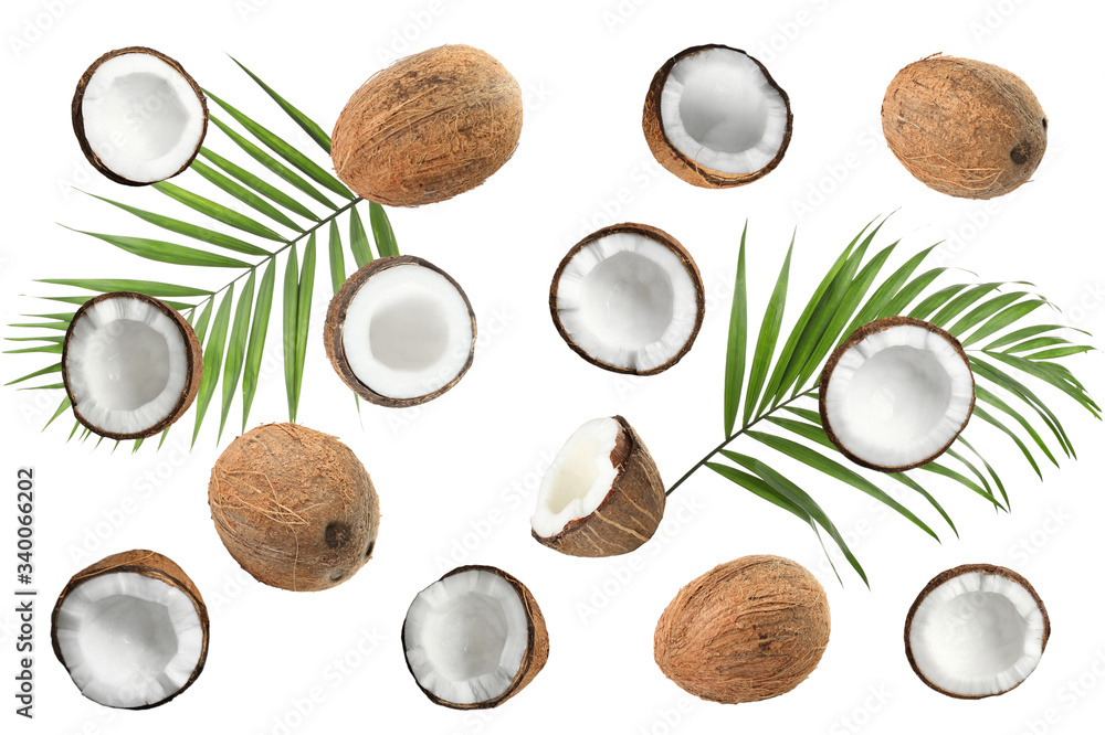 Set with ripe coconuts and palm leaves on white background, top view Set with ripe coconuts and palm leaves on white background, top view