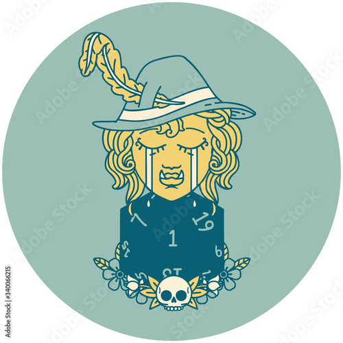crying bard orc bard character with natural one D20 roll illustration