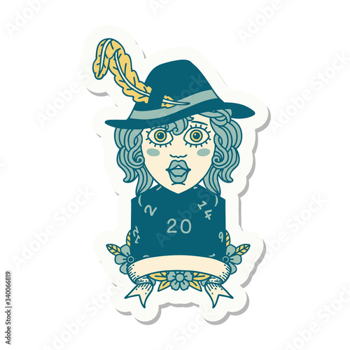 human bard character with natural 20 dice roll sticker