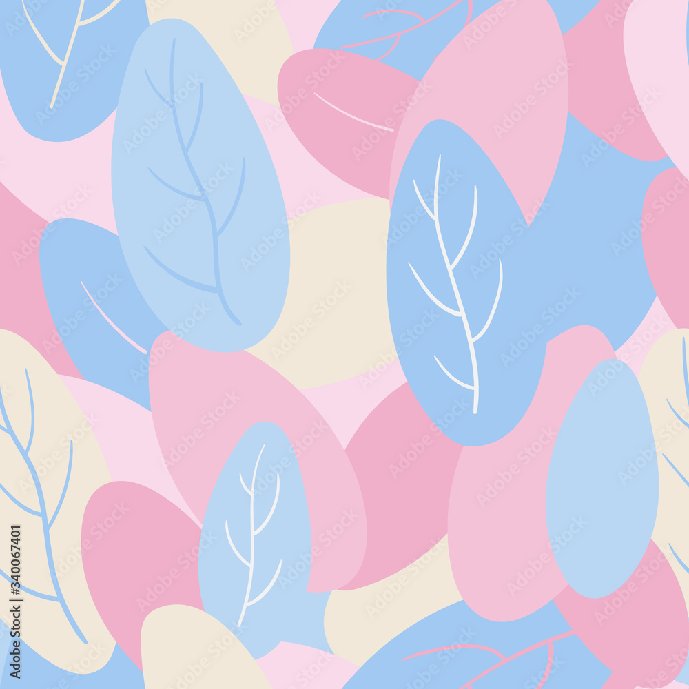Blue pink and beige leaves pastel vector seamless pattern