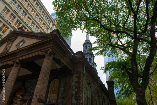 St. Paul's Chapel and One World Trade Center at Lower Manhattan in New York City, USA