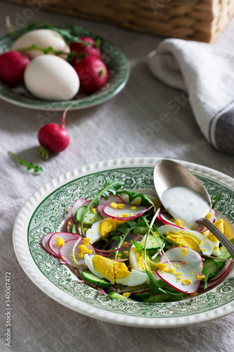 Vegetarian salad with dandelion leaves, vegetables, egg and sour cream. Rustic style.