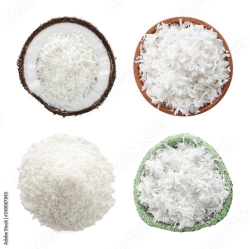 Set with fresh coconut flakes isolated on white, top view