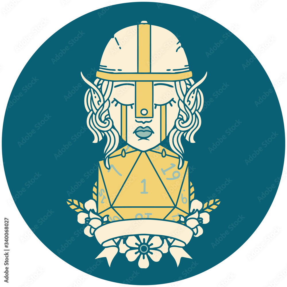 crying elf fighter character face with natural one D20 roll illustration crying elf fighter character face with natural one D20 roll illustration