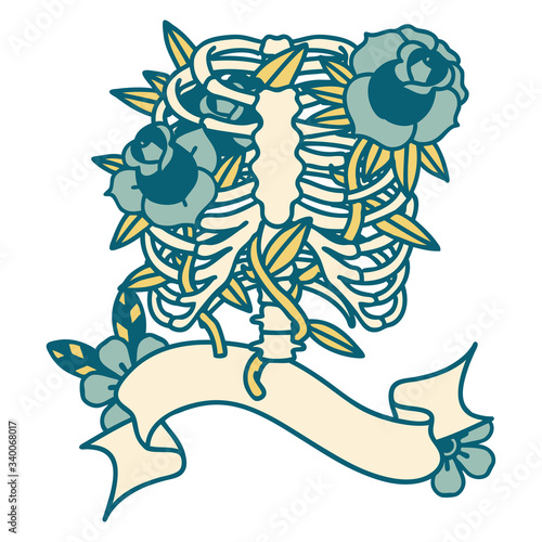 tattoo with banner of a rib cage and flowers