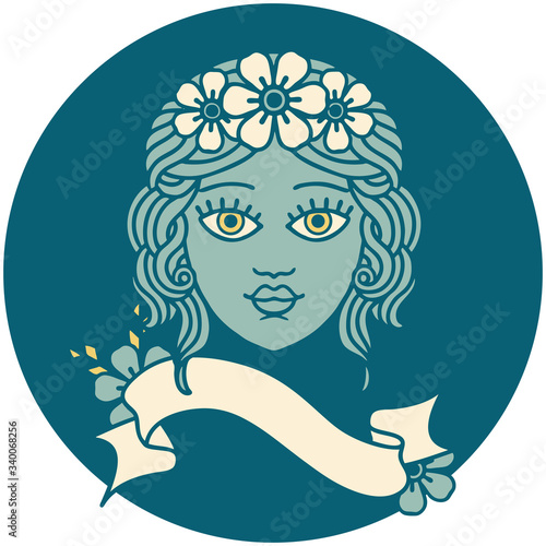 icon with banner of female face with crown of flowers
