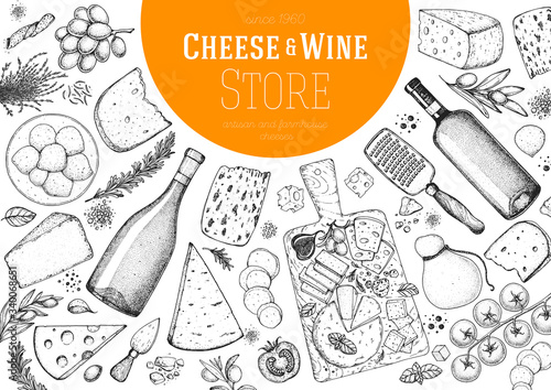 Cheese and wine design template. Hand drawn sketch. Retro food background. Menu restaurant. Gourmet food set. Vintage cheese, vegetables, spice, wine drawings. Dairy products frame on white background