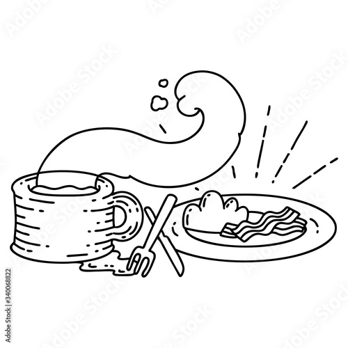 traditional black line work tattoo style breakfast and coffee