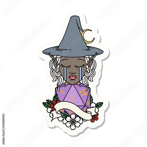 crying elf mage character face with natural one D20 roll sticker
