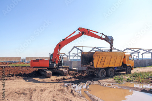 Crawler excavator at a construction site. Special machinery for earthworks. Powerful unit