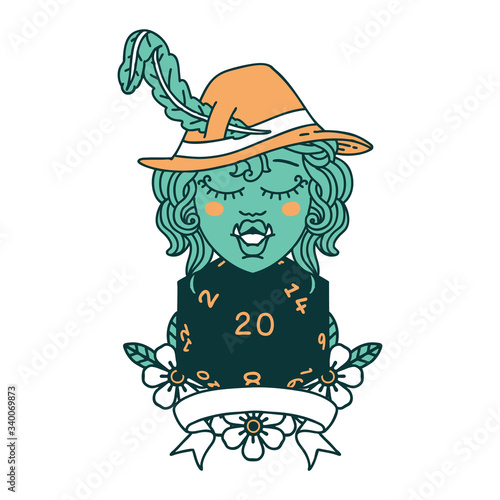 half orc bard with natural 20 dice roll illustration