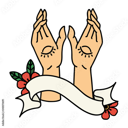tattoo with banner of mystic hands
