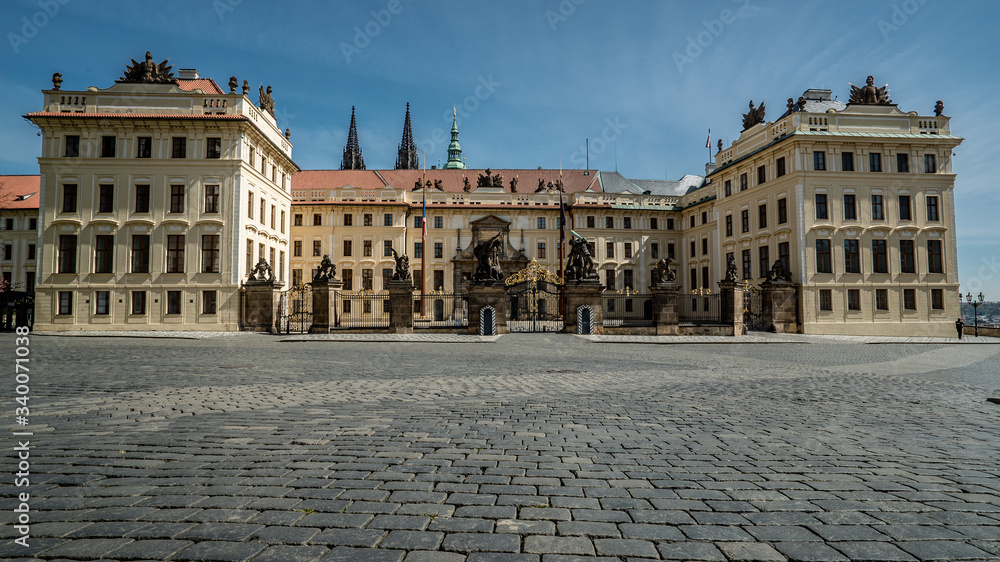 Prague Castle in Prague Czechia. No people. Tourist part of the city without people during coronavirus quarantine.