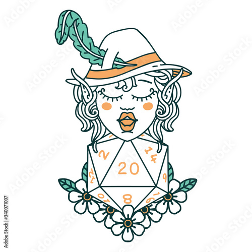 elf bard character with natural twenty dice roll illustration