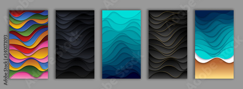Abstract paper cut style backgrounds set. Colorful, black and blue backgrounds. Vector design for banners, presentations, posters, flyers, and invitations.