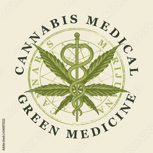 Vector banner for medical marijuana. A round emblem with a hand-drawn hemp leaf and a caduceus with two snakes. Medical cannabis. Green medicine. A natural product made from organic hemp. Smoking weed
