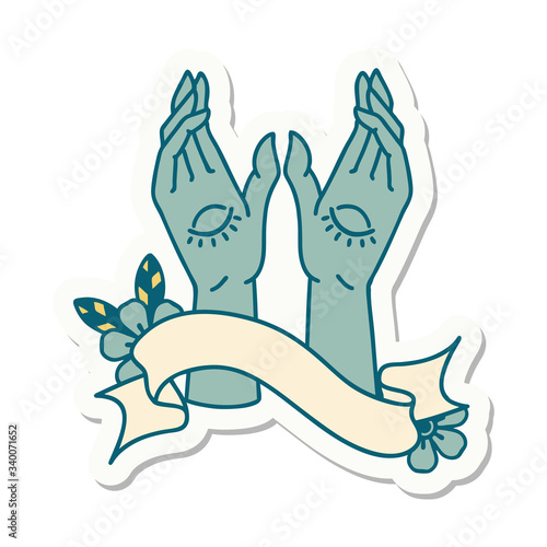tattoo sticker with banner of mystic hands