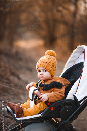 Baby boy in warm jacket and hat sitting in modern stroller on a walk in a park.