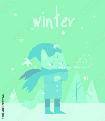 Fox in cartoon style on snowy winter day background. The air is frosty and snow falls in the snow-covered forest. Colorful cartoon vector illustration.
