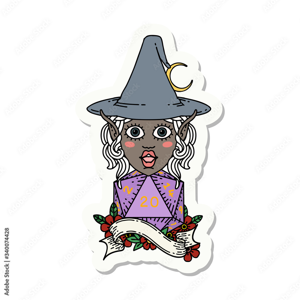 elf mage character with natural twenty dice roll sticker elf mage character with natural twenty dice roll sticker