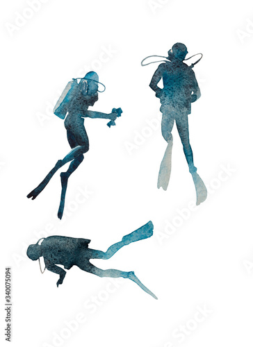 Watercolor group of divers rises from depth of ocean. Original illustration of three divers in different poses, hand painted and isolated on white background