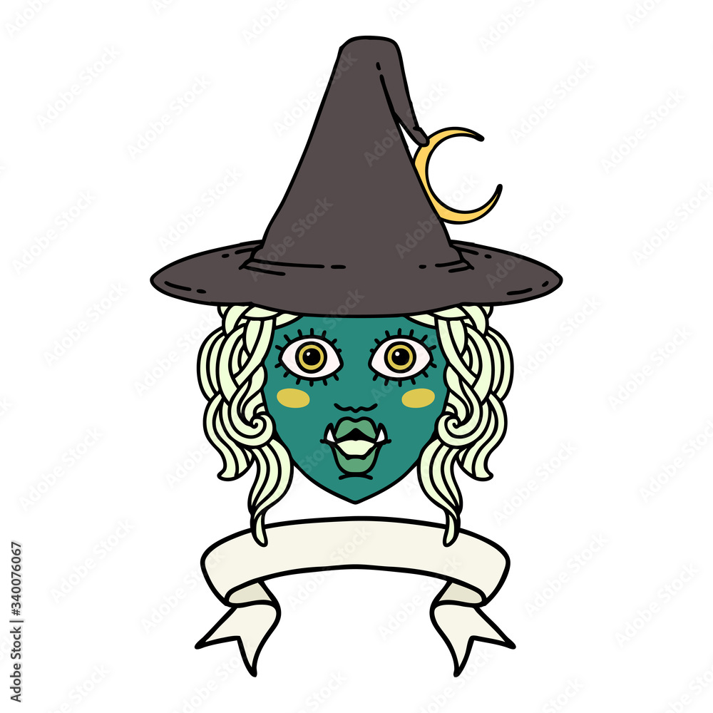 half orc witch character face with banner illustration