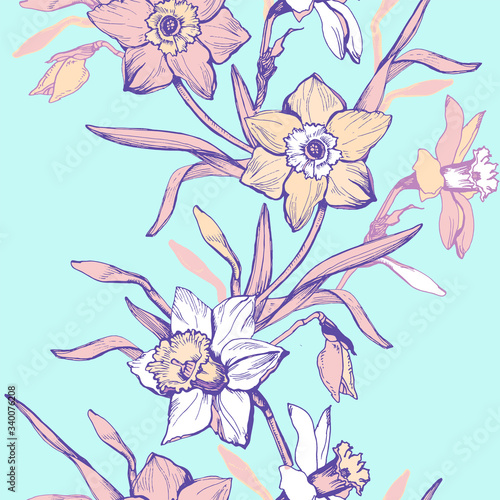 Spring flowers and leaf Daffodil, Narcissus on trendy light aqua menthe background. Elegant botanical floral seamless pattern in pastel halftones. Textile vector rapport stock raster illustration.