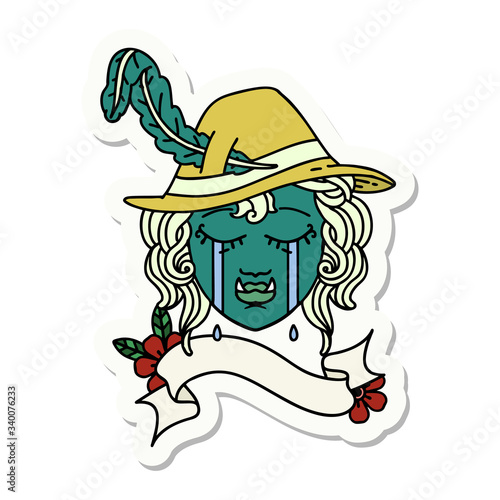 crying half orc bard character face sticker