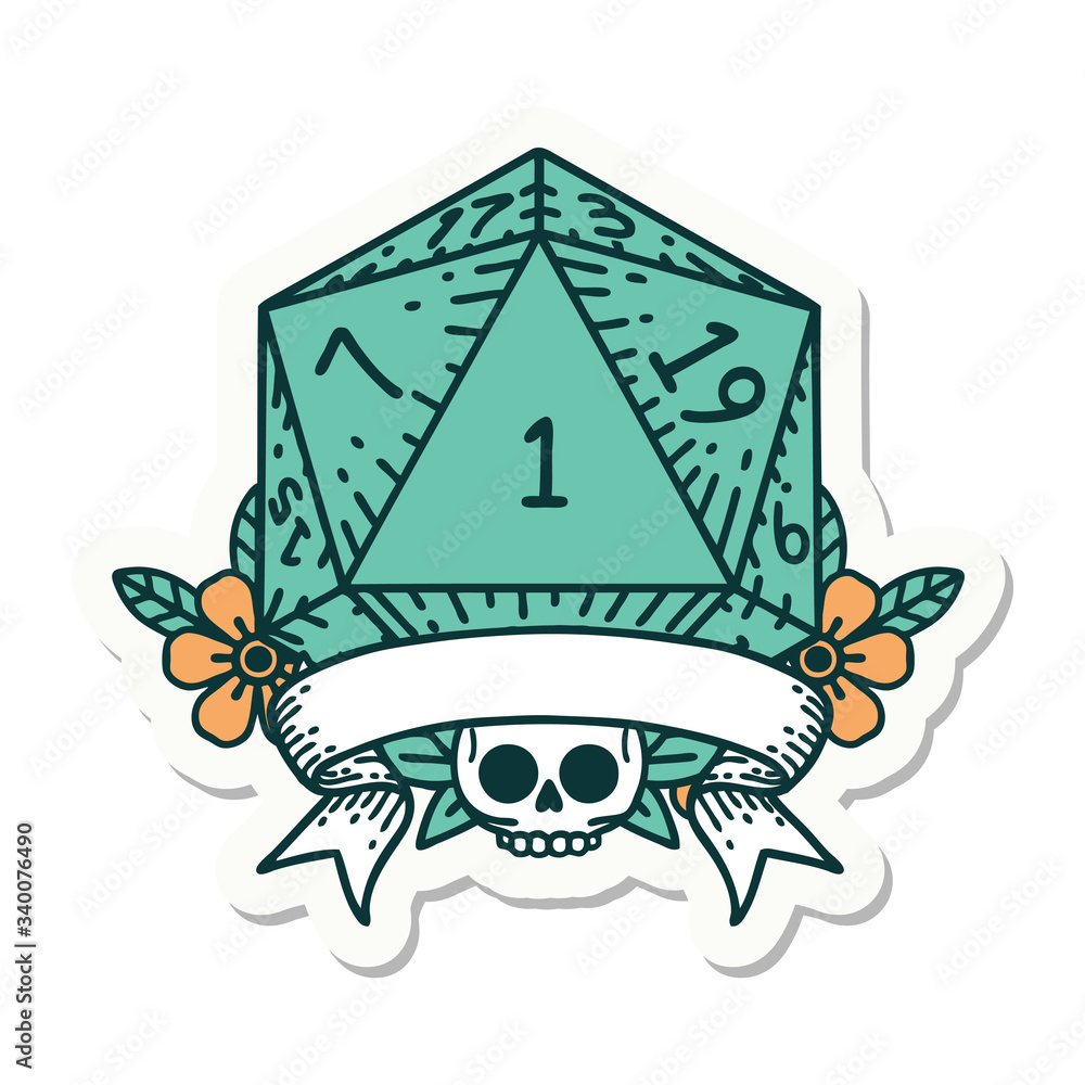 natural one d20 dice roll sticker