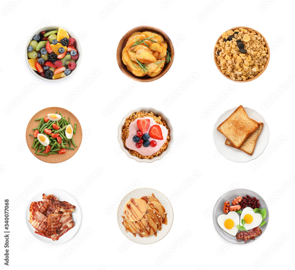 Set of different delicious dishes for breakfast on white background, top view Set of different delicious dishes for breakfast on white background, top view