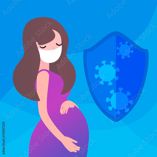 Pregnant woman in a medical mask with anti covid-19 shield.  Premium vector illustration.