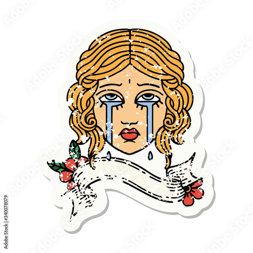 grunge sticker with banner of female face crying
