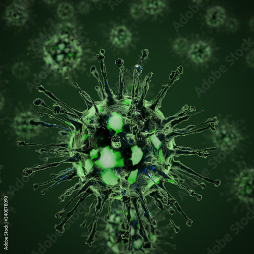 Closup Virus in cluster of viruses
Virus, Viruses under microscope, floating in fluid, green abstract representation of a virus



