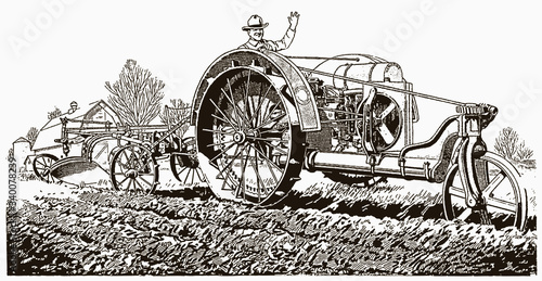 Historical farmer waving his hand and driving a tractor with a plow in a field. Illustration after an engraving from the early 20th century