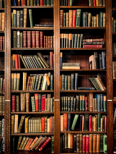 Books on Shelves in Library or Study with Classic Dark Wood