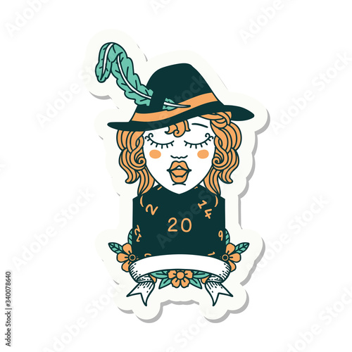 human bard character with natural 20 dice roll sticker