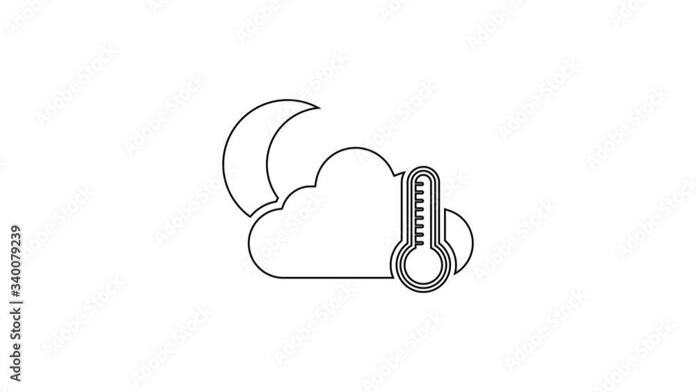 Black line Thermometer and cloud with moon icon isolated on white background. 4K Video motion graphic animation Black line Thermometer and cloud with moon icon isolated on white background. 4K Video motion graphic animation