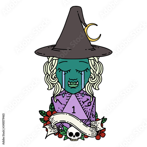 crying half orc witch character face with natural one d20 dice roll illustration
