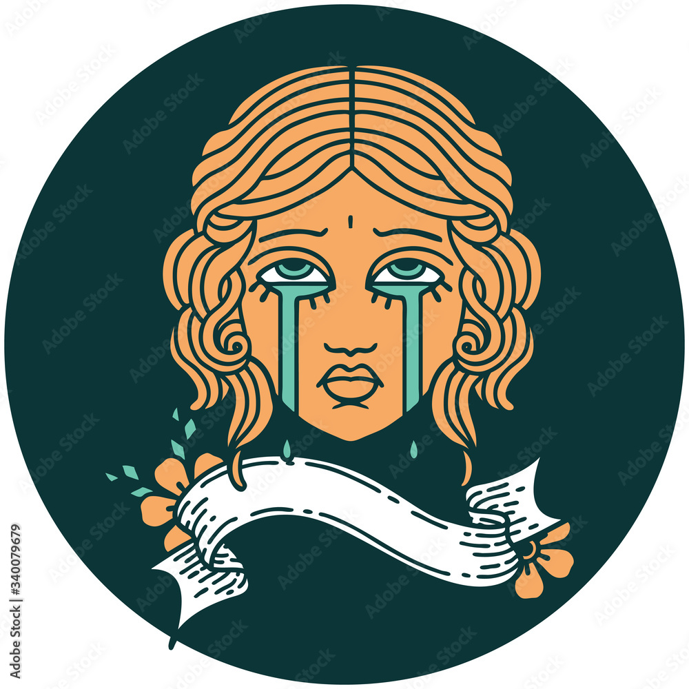 icon with banner of female face crying