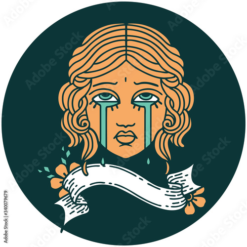 icon with banner of female face crying