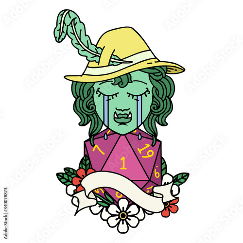 crying orc bard character with natural one D20 roll illustration