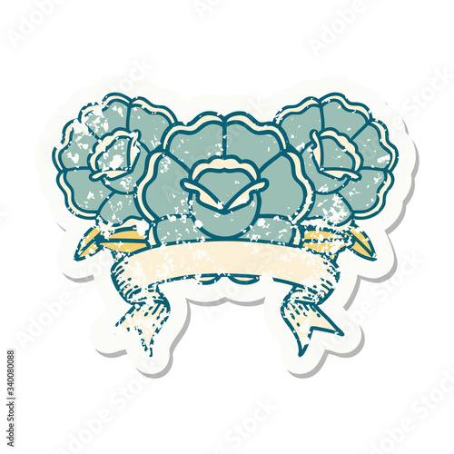 grunge sticker with banner of a bouquet of flowers