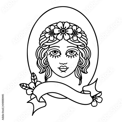 black linework tattoo with banner of a maiden
