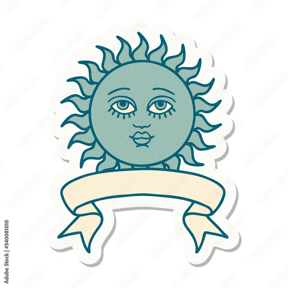 tattoo sticker with banner of a sun with face tattoo sticker with banner of a sun with face