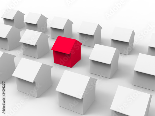Red house model stands out from other houses on white background. 3d render © 16vs