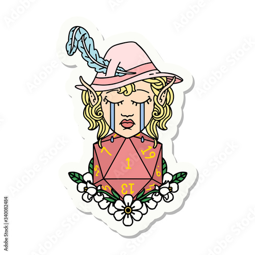 crying elf bard character with natural one D20 roll sticker